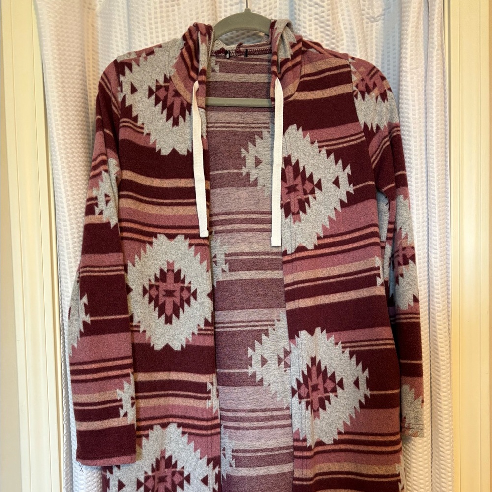 Southwest Sweater Tribal Duster Long Sleeve Women's Size Medium Maroon Color